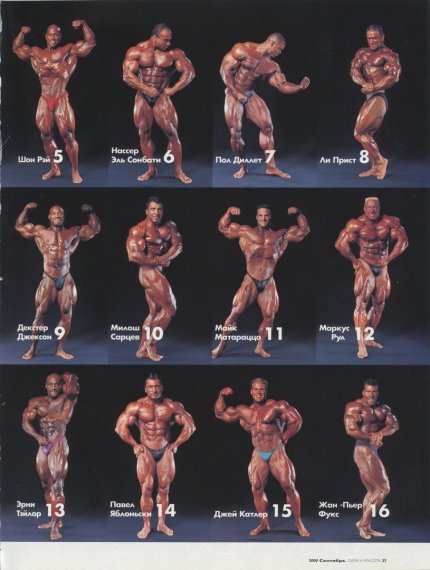 Декстер Джексон (Dexter Jackson), Пол Диллет (Paul Dillett), Джей Катлер (Jay Cutler), Портер Котрелл (Porter Cottrell), Майк Матараццо (Mike Matarazzo), Ли Прист (Lee Priest), Шон Рей (Shawn Ray), Маркус Рул (Markus Ruhl), Милош Сарцев (Milos Sarcev), Эрни Тейлор (Ernie Taylor), Жан Пьер Фукс (Jean Pierre Fux), Нассер Эль Сонбати (Nasser El Sonbaty), Павол Яблоницкий (Pavol Jablonicky), Мистер Олимпия 1999 года