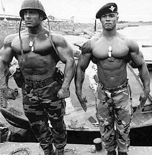 Bodybuilders in army uniforms